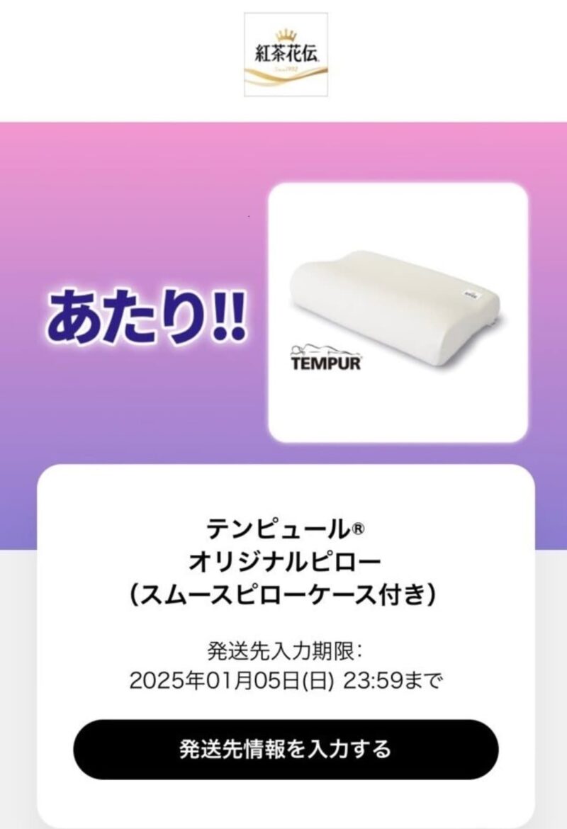 紅茶花伝テンピュールオリジナルピローの当選画像